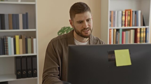 Man at computer with hand on chin, leaning toward monitor surrounded by books and binders in a building office; pensive focus.