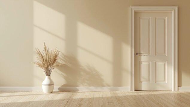 Interior background of room with vase with branch and door against beige wall 3d rendering