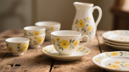 Fototapeta premium A floral-patterned ceramic tea set with yellow flowers arranged on a rustic wooden table.