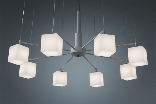 Modern chandelier with cube-shaped light fixtures suspended from a central hub against a dark background