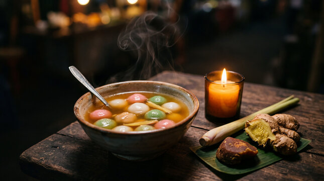 Atmospheric, intimate still life of wedang ronde &mdash; traditional Javanese hot ginger soup with colorful glutinous rice balls &mdash; in a rustic bowl with curling steam