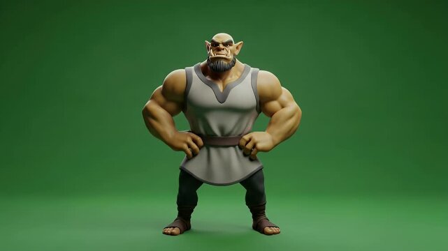 Powerful 3D animated muscular orc character flexing biceps, demonstrating strength on a green background.