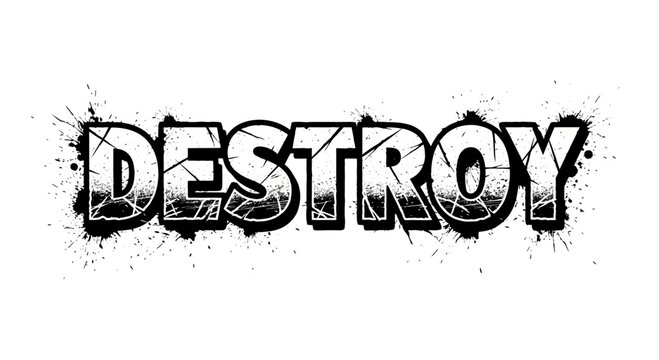 Destroy word text effect, cracked and broken, grunge style, black and white