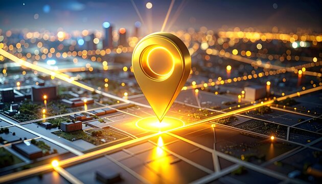 Golden location pin glowing on detailed city map with night bokeh lights