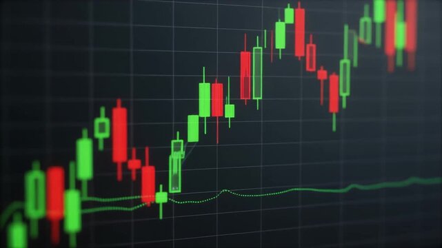 AI-generated motion background featuring a dynamic 3D financial chart with red and green candlestick bars shifting on a dark grid, symbolizing market volatility and trading activity.
