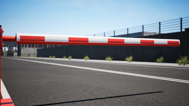 Barrier arm across asphalt road, with red and white stripes. Blue sky and blurred background