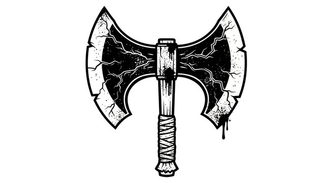 Double-headed battle axe with cracked blades and dripping blood, graphic illustration
