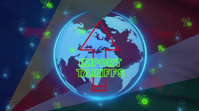 Rising import tariffs and global trade shown against a backdrop of a flag.