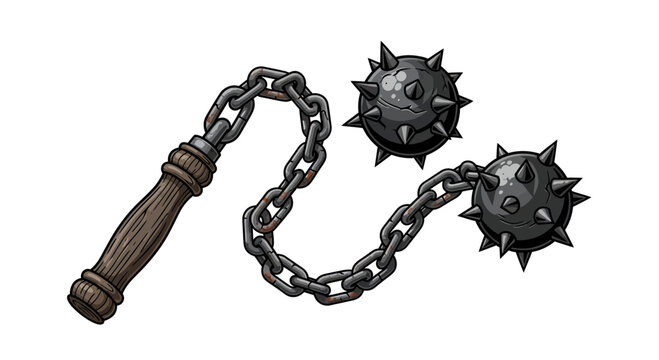 Medieval Flail Weapon with Spiked Balls and Wooden Handle