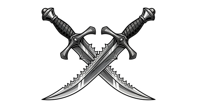 Two crossed daggers with serrated blades and ornate handles, isolated on white background.