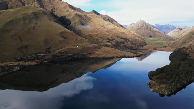 Aerial Pan shot of Moke Lake, New Zealand 