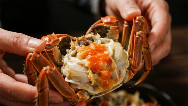 Hands holding a freshly cracked crab with visible orange roe and white meat