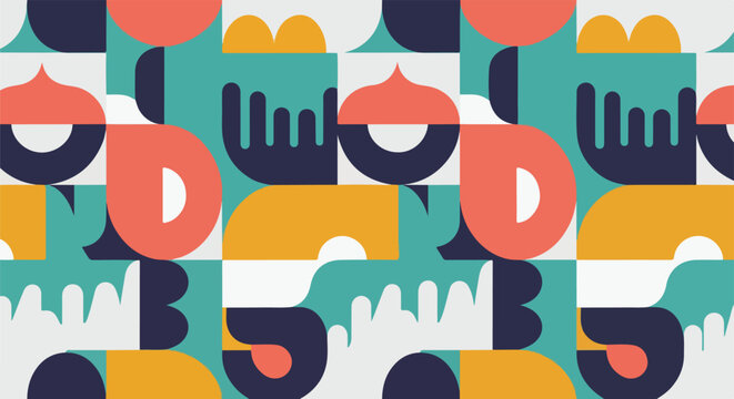 Colorful, geometric abstract design with various shapes and complementary colors