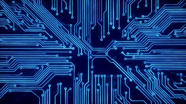 Circuit board pattern with glowing blue lines for digital technology background