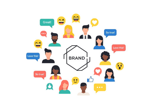Conceptual illustration of brand community engagement through social media marketing with diverse user avatars and positive feedback