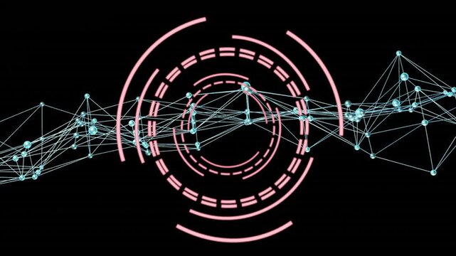 Concentric pink segmented rings rotating over small cyan nodes and thin linked lines on black field