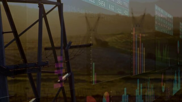 Steel tower standing in hills, live power feed driving faint charts overlaying tower, sliding right