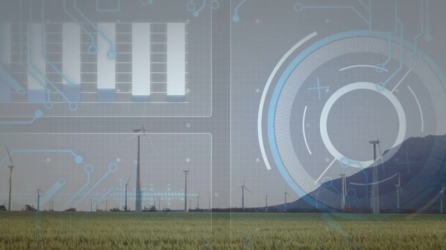 Wind turbines turning across rural field while circular HUD and bar-chart panel displaying data