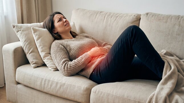 Woman suffering from stomach pain lying on sofa
