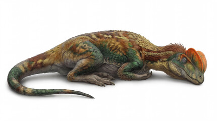 Fototapeta premium Dilophosaurus wetherilli lying down sleeping isolated on white background, detailed reconstruction showing relaxed posture and calm resting behavior. 