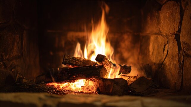 bushings. A cozy stone fireplace with a crackling fire illuminating the rustic wall. real-estate listings, architecture portfolios, designed for interior renovation comparisons for interiors.