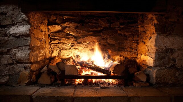 bushings. A cozy stone fireplace with a crackling fire illuminating the rustic wall. real-estate listings, architecture portfolios, designed for interior renovation comparisons for interiors.
