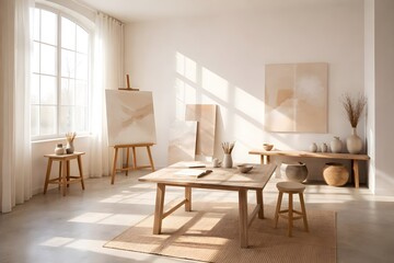 Fototapeta premium A minimalist boho interior featuring a wooden console, large blank canvas, lush green plants, woven textures, and a neutral, earthy color palette.