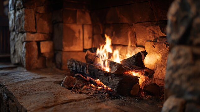 bushings. A cozy stone fireplace with a crackling fire illuminating the rustic wall. real-estate listings, architecture portfolios, designed for interior renovation comparisons for interiors.