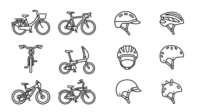 Bicycles and helmets line icons set.