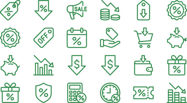 Set of green outline icons illustrating various financial concepts like discounts, sales, savings and price reductions