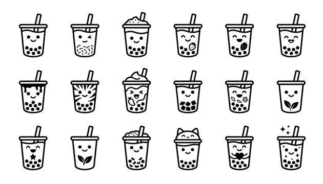 Collection of cartoon bubble tea cups.