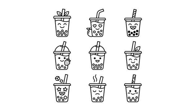 A set of cute bubble tea illustrations.