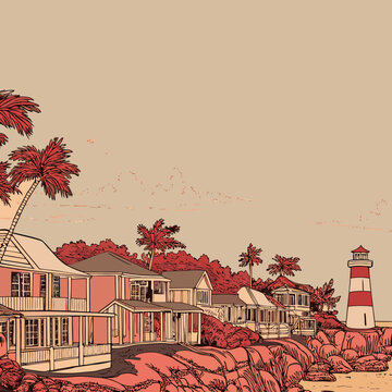Line Drawing of Charming Bahamian Style Houses