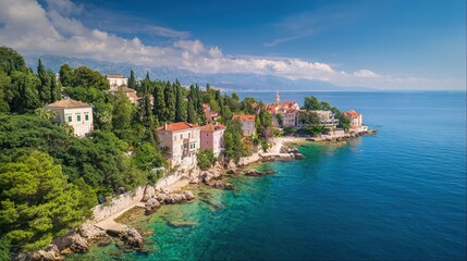Naklejka premium postman. Aerial view of historic coastal town with red roofs and Mediterranean architecture. real-estate listings, architecture portfolios, designed for interior renovation comparisons for interiors.