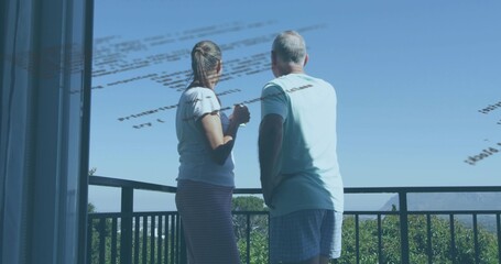 Fototapeta premium Couple in loungewear gazing on balcony with cup by sliding door curtain and railing code overlay