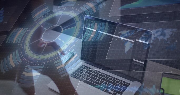 Leaning woman in dark jacket analyzing laptop code at dim workstation, HUD overlays, copy space