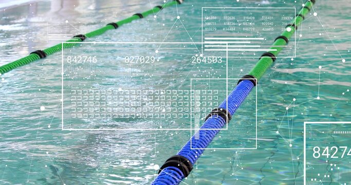 Showing blue floating lane divider cutting across lap pool water, with green divider and HUD nodes