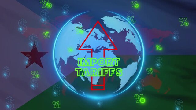 Economic concept of Import tariffs, represented by a globe with rising arrow, on a backdrop of country flag, depicts the implications of trade, economic, and finance.