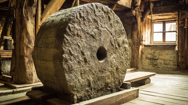chisel. An ancient stone mill wheel with chisel marks in an old mill. real-estate listings, architecture portfolios, designed for architectural facade and classical detail presentations.