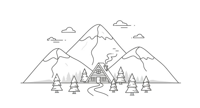 Cozy mountain cabin with snow-capped peaks and pine trees, line art illustration.
