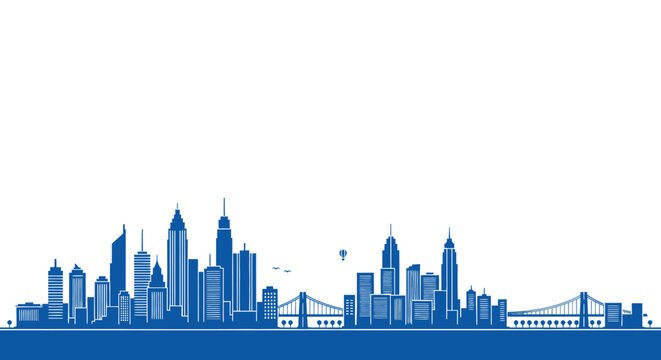 Blue City Skyline Silhouette with Bridges and Hot Air Balloon