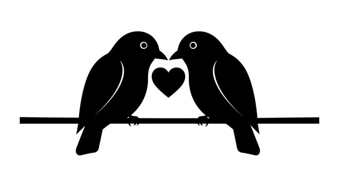 Silhouette of two birds on a wire with a heart, love symbol
