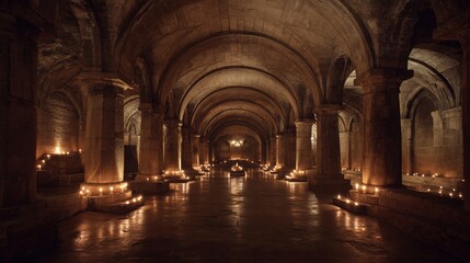 Fototapeta premium catacomb. An underground stone corridor with arched niches receding into darkness, dim candlelight. real-estate listings.