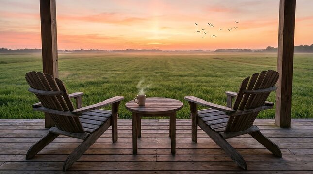 Tranquil Morning on the Porch with Coffee and Sunrise
