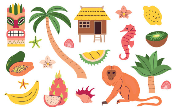 Tropical summer elements set in flat hand-drawn style. Vector collection with monkey, palm tree, tiki mask, bungalow, sea horse and exotic fruits like papaya, dragon fruit and banana for vacation desi