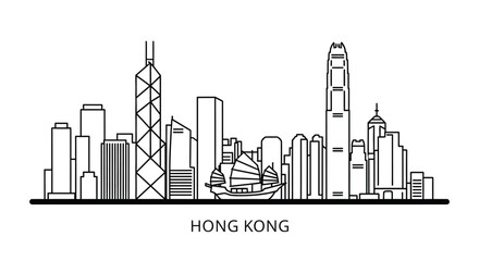 Naklejka premium Minimalist Hong Kong skyline outline with prominent buildings and a junk boat.