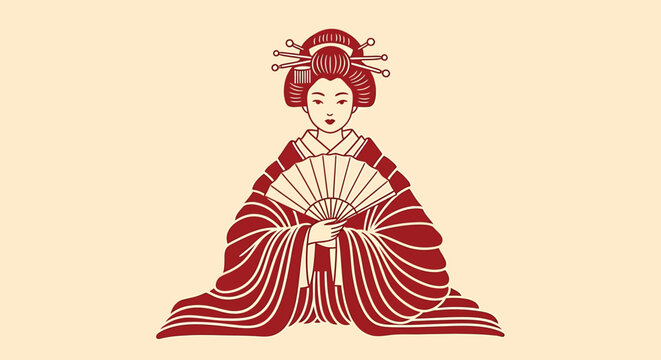 A traditional Japanese geisha in a vibrant red kimono sits serenely holding a fan in an outline sketch vector illustration.