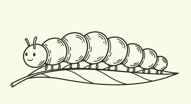 A cute outline sketch vector illustration of a caterpillar on a leaf