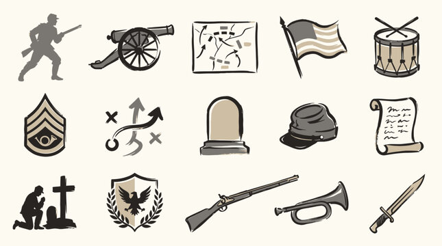Collection of Civil War era military icons including soldiers, cannons, flags, drums, maps, and graves.