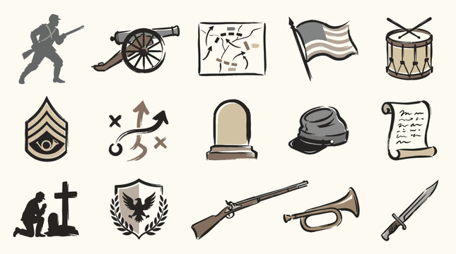Collection of hand-drawn icons representing elements of the American Civil War, including soldiers, weaponry, maps, flags, and symbols of remembrance.